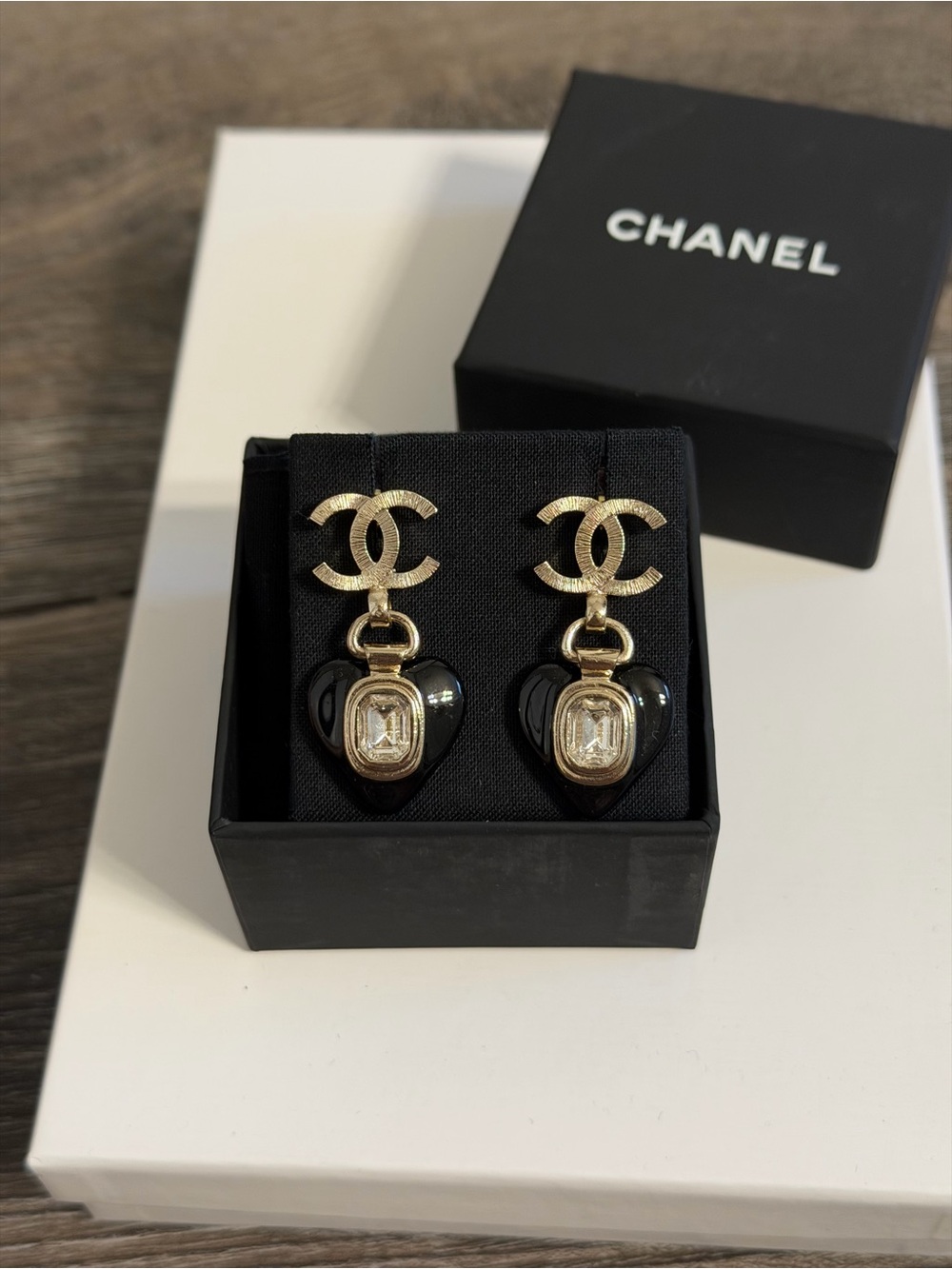 CHANEL Black and Gold Heart Crystal CC Drop Earrings